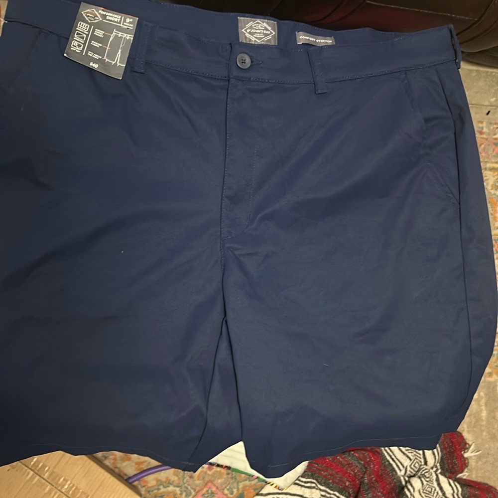 St Johns Bay Performance Short Men 42 Navy Blue Comfort Stretch Flat Front Chino